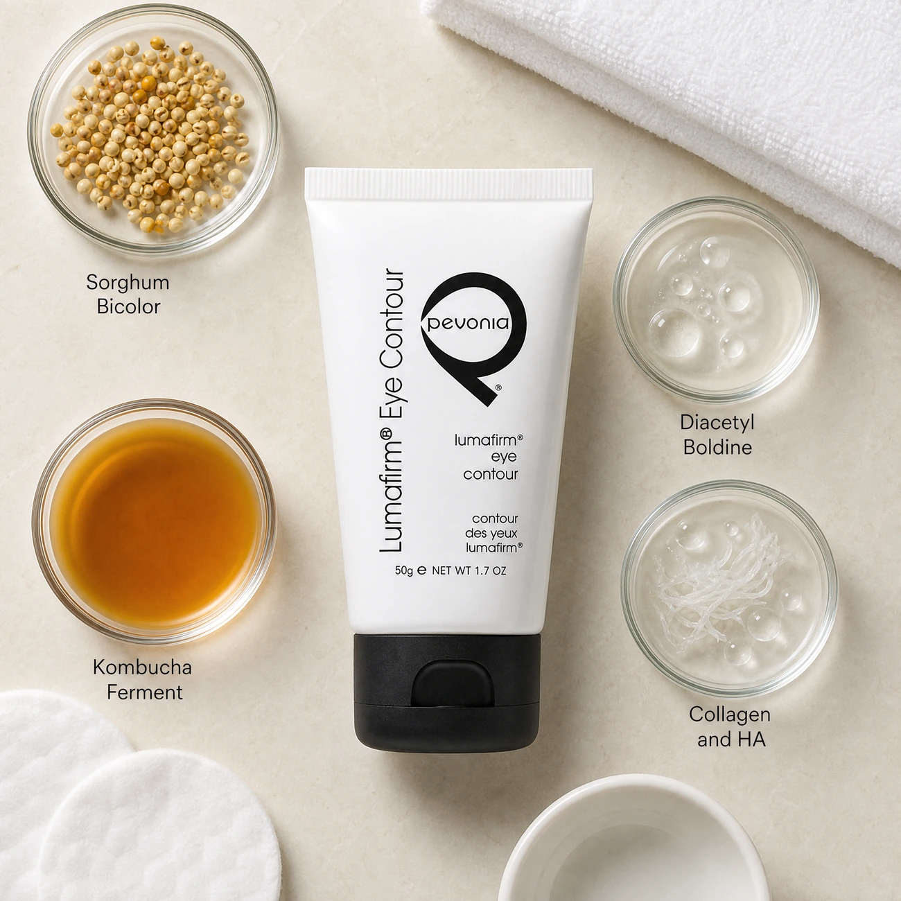 Pevonia Lumafirm Eye Contour Lift & Glow 50g ingredients flatlay with Sorghum Bicolor, Diacetyl Boldine, kombucha black tea ferment, and marine collagen and HA in clean glass petri dishes for professional B2B education.