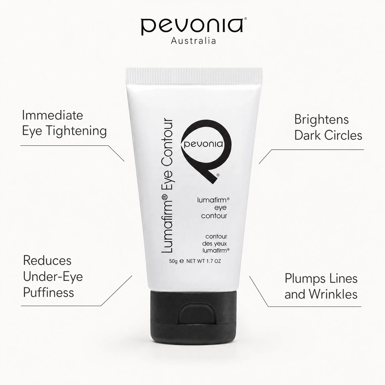 Pevonia Lumafirm Eye Contour Lift & Glow 50g benefit callout image highlighting immediate tightening, dark circle brightening, puffiness reduction, and wrinkle plumping.
