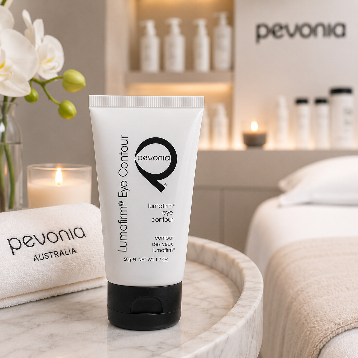 Pevonia Lumafirm Eye Contour Lift and Glow 50g displayed in a luxury spa treatment room for firming and brightening professional eye treatments.