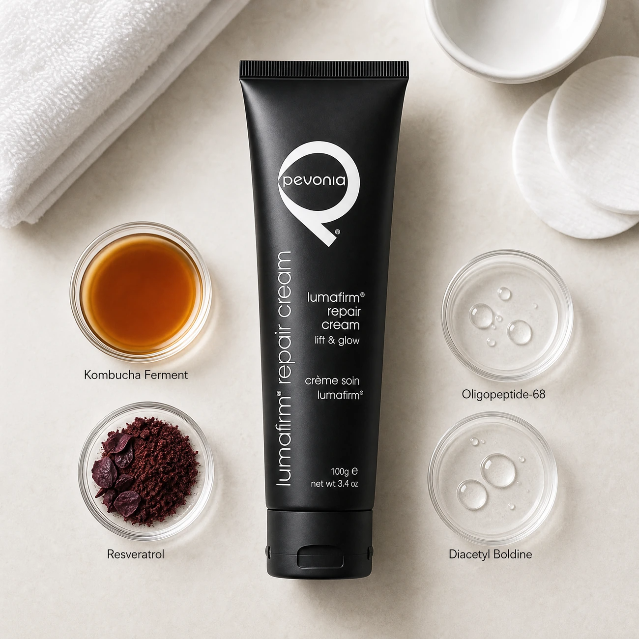 Pevonia Lumafirm Repair Cream 100ml ingredients flatlay with kombucha black tea ferment, Oligopeptide-68, resveratrol, and Diacetyl Boldine in clean glass petri dishes for professional B2B education.