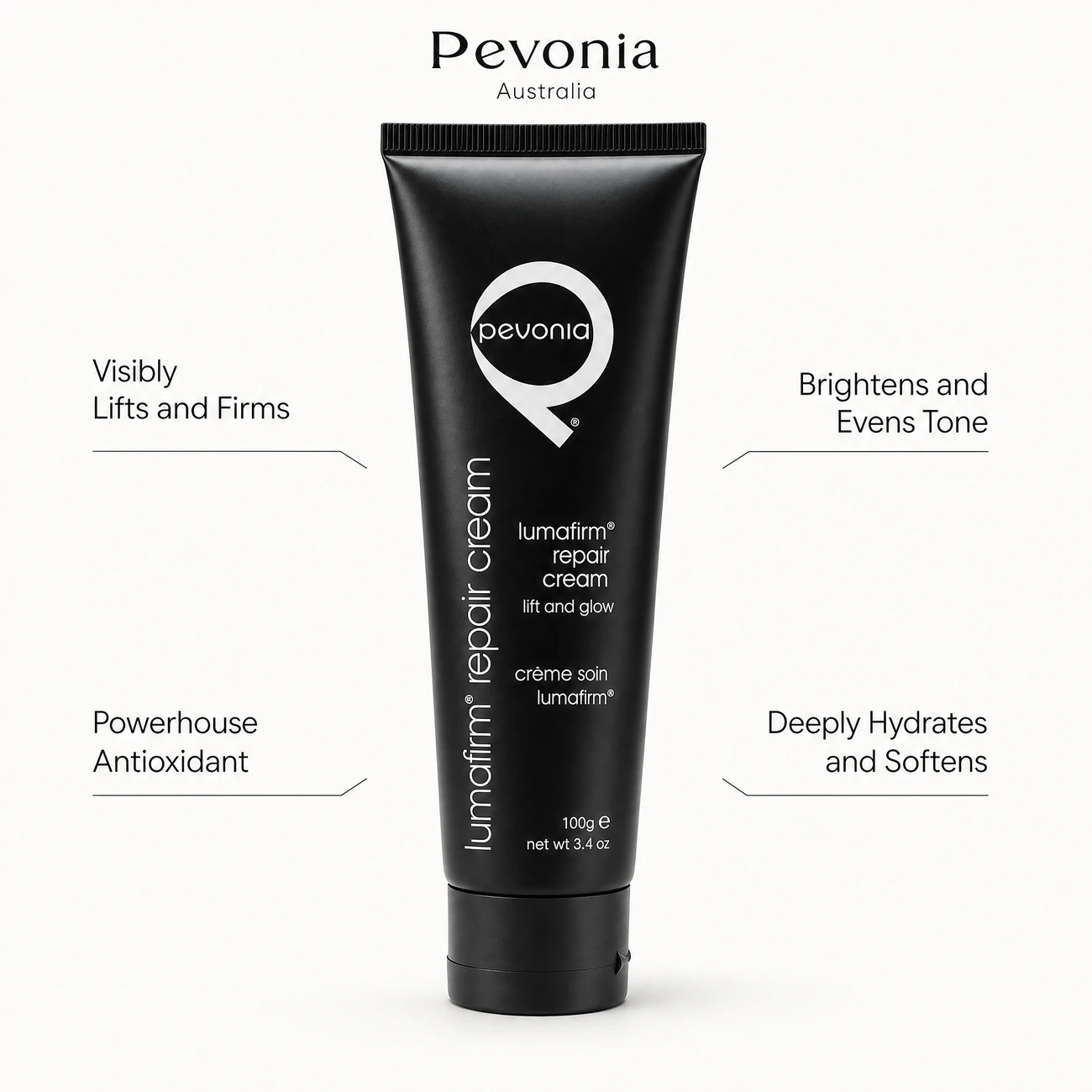 Pevonia Lumafirm Repair Cream 100ml benefit callout image highlighting skin lifting, tone brightening, resveratrol antioxidant protection, and deep hydration.