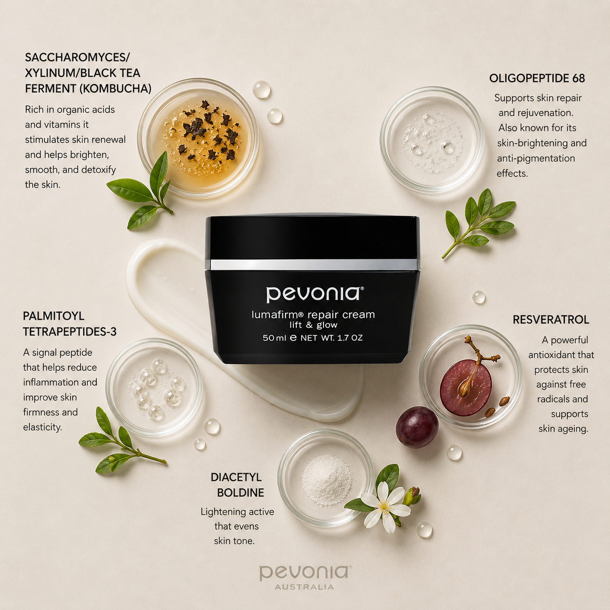 Pevonia Lumafirm Repair Cream Lift & Glow ingredient flatlay showing kombucha black tea ferment, oligopeptide 68, palmitoyl tetrapeptides, resveratrol, and diacetyl boldine arranged around black cream jar on neutral background
