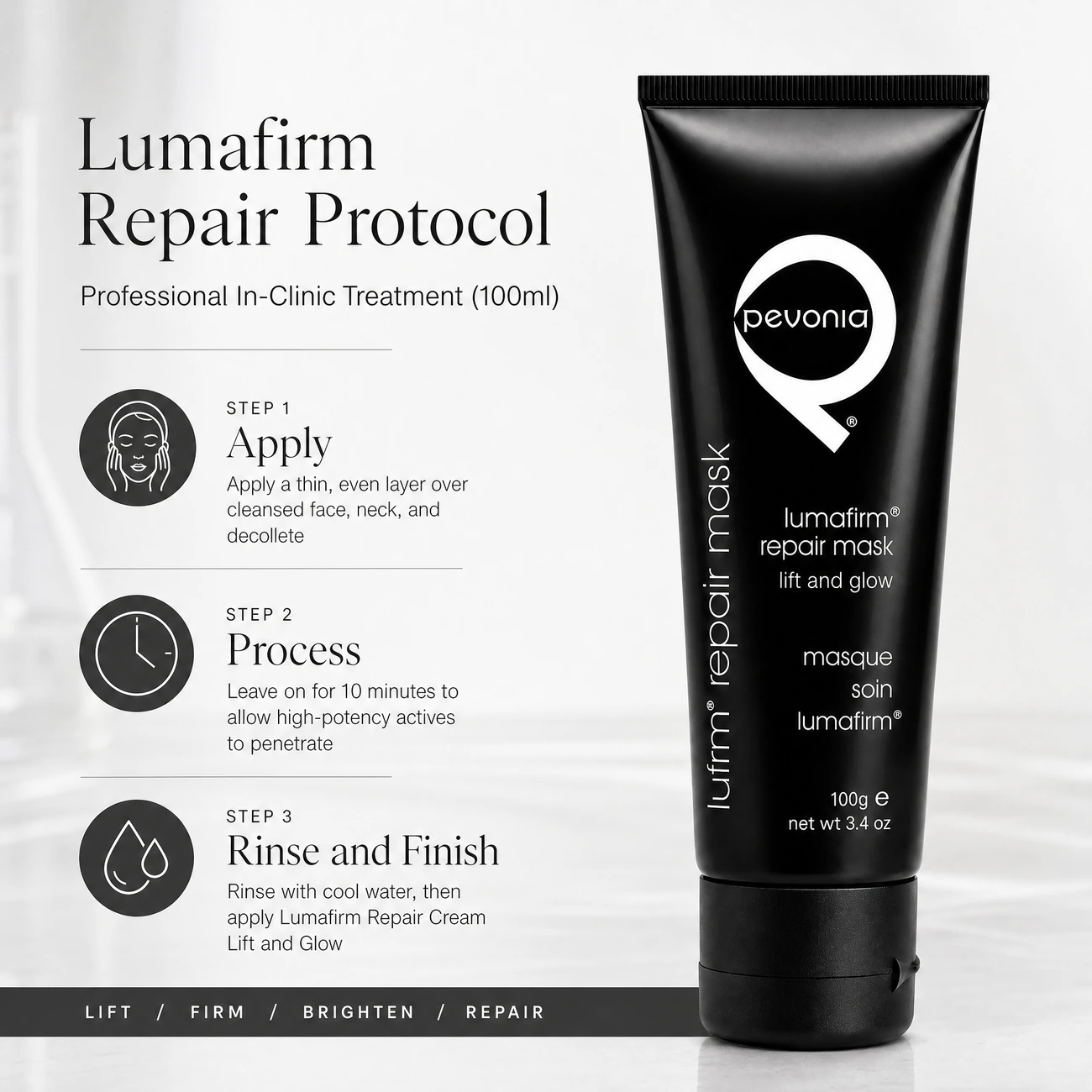Pevonia Lumafirm Repair Mask 100ml clinic-use education image detailing the professional 3-step Apply, Process, and Rinse and Finish protocol for salons, spas, and clinics.