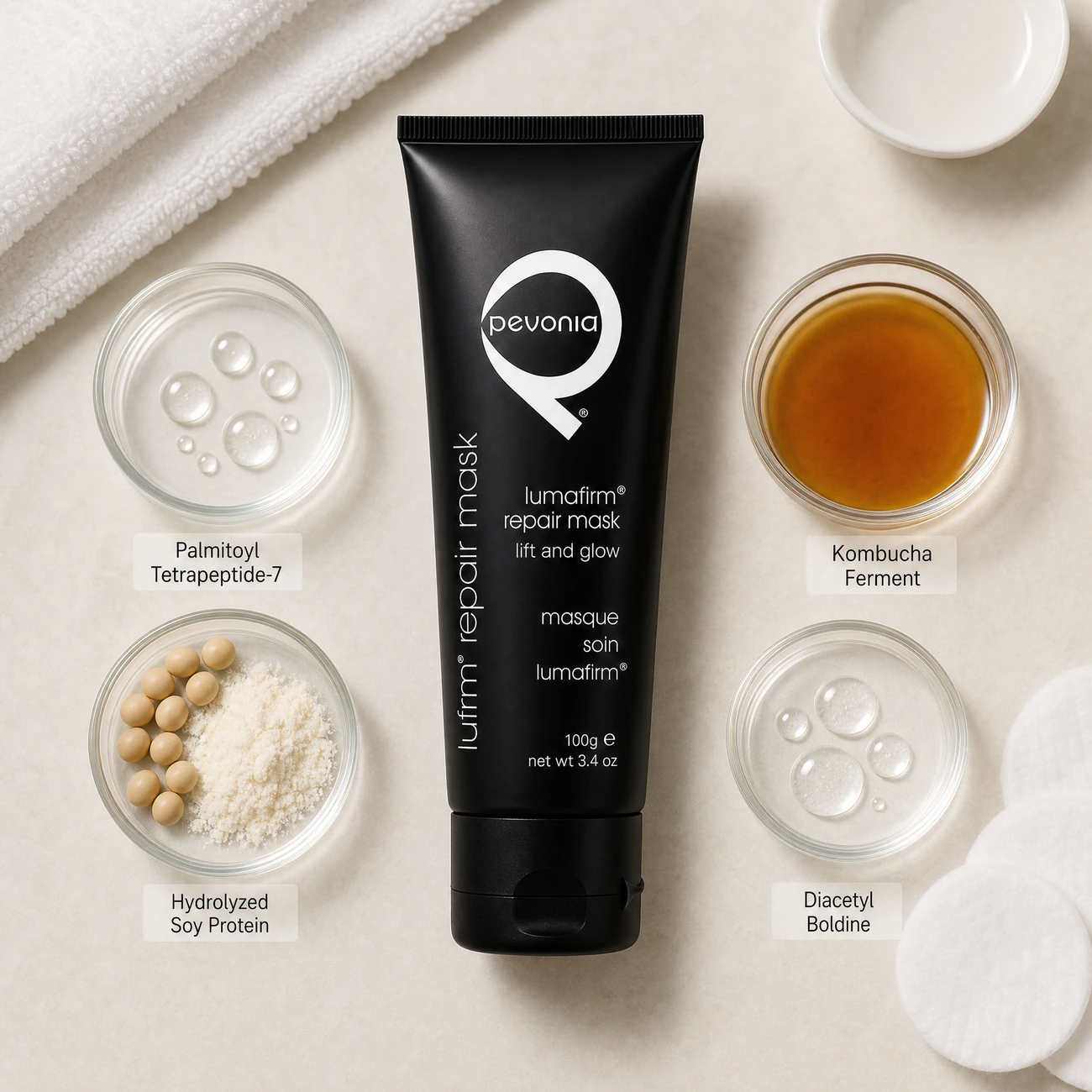 Pevonia Lumafirm Repair Mask 100ml ingredients flatlay with Palmitoyl Tetrapeptide-7, soy protein, kombucha black tea ferment, and Diacetyl Boldine in clean glass petri dishes for professional B2B education.