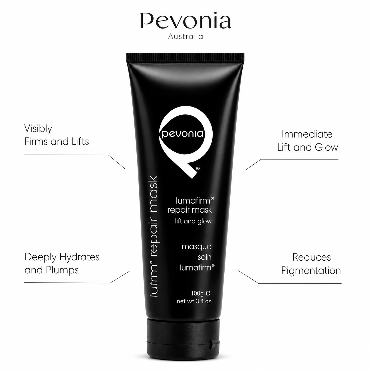 Pevonia Lumafirm Repair Mask 100ml benefit callout image highlighting skin firming, immediate lift and glow, deep hydration, and pigmentation reduction.