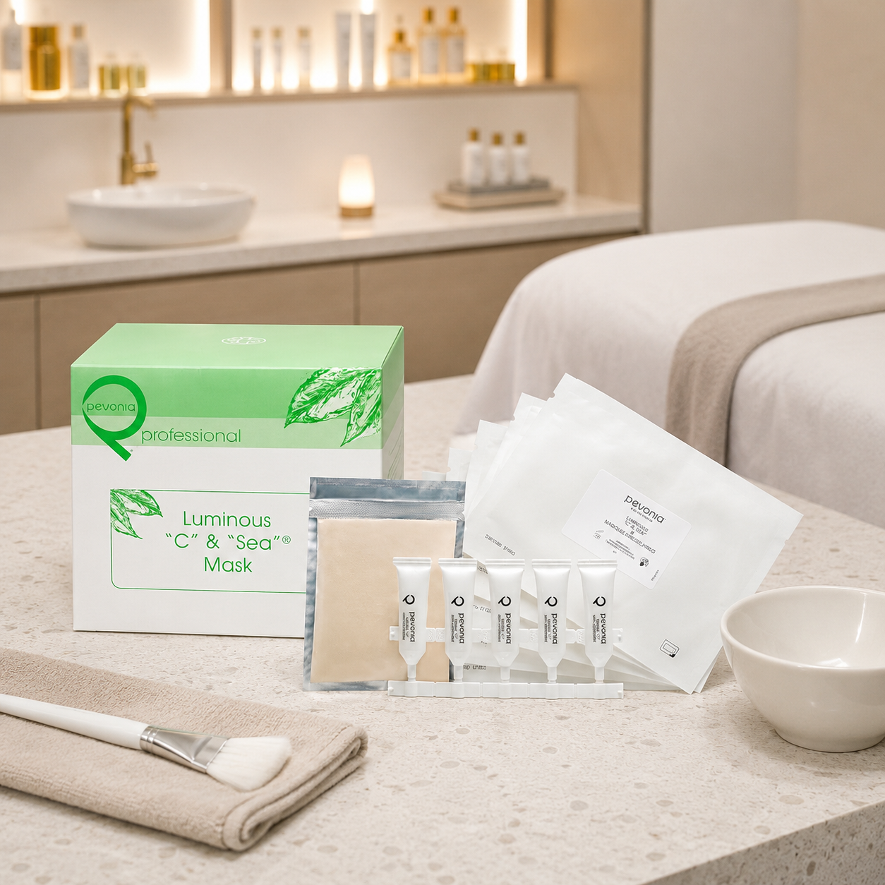 Pevonia Luminous C and Sea Mask Treatment 5 pack displayed in an upmarket day spa facial treatment room with unbranded mask treatment accessories.