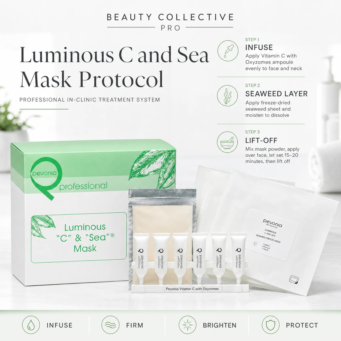 Pevonia Luminous C and Sea Mask Treatment clinic-use education image detailing the professional 3-step Infuse, Seaweed Layer, and Lift-Off protocol for salons, spas, and clinics.