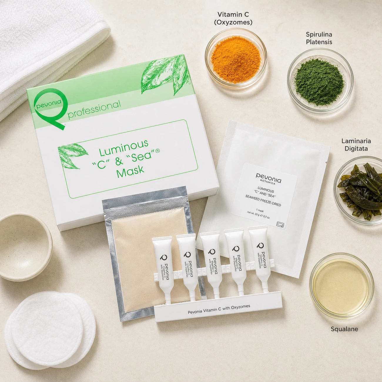 Pevonia Luminous C and Sea Mask Treatment ingredients flatlay with Vitamin C oxyzomes, Spirulina Platensis, Laminaria Digitata, and squalane in clean glass petri dishes for B2B education.