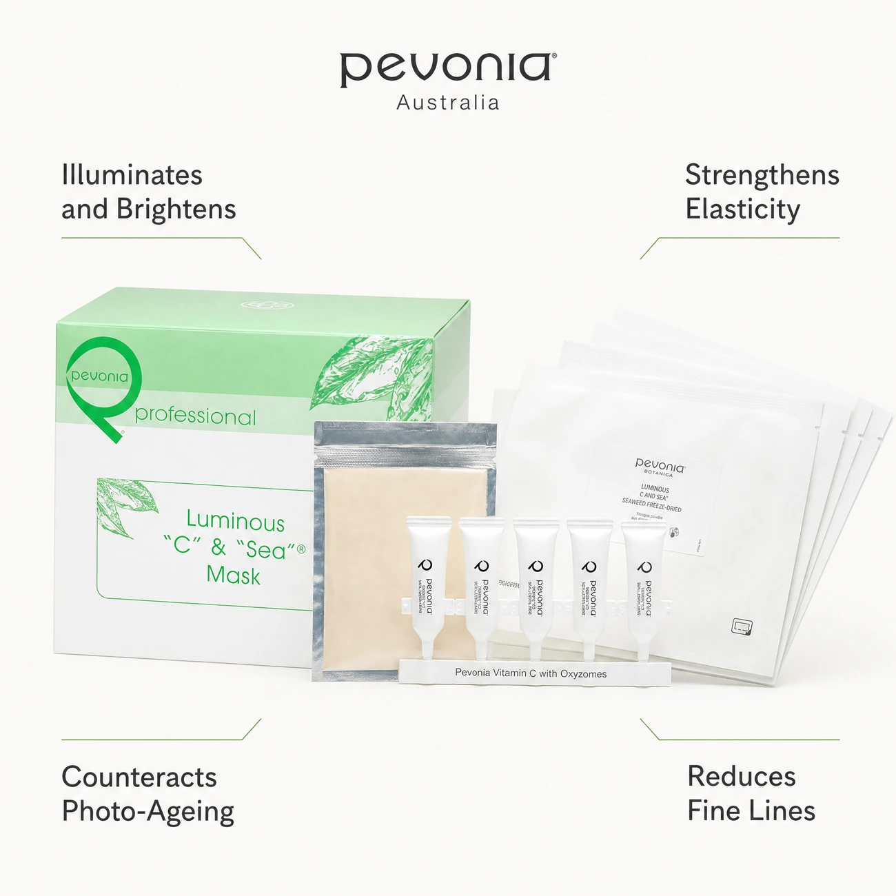 Pevonia Luminous C and Sea Mask Treatment benefit callout image highlighting skin brightening, elasticity strengthening, photo-ageing defense, and fine line reduction.