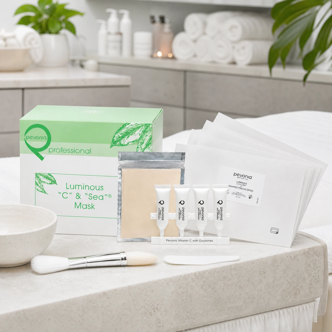 Pevonia Luminous C and Sea Mask Treatment 5-pack box, silver sachets, Vitamin C ampoules, and freeze-dried seaweed sachets styled in a serene spa treatment room for Beauty Collective Pro.