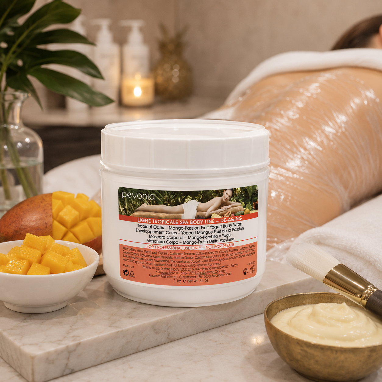 Pevonia Mango-Passion Fruit Yogurt Body Wrap 1kg displayed in a luxury spa body treatment room for professional body wrap treatments.