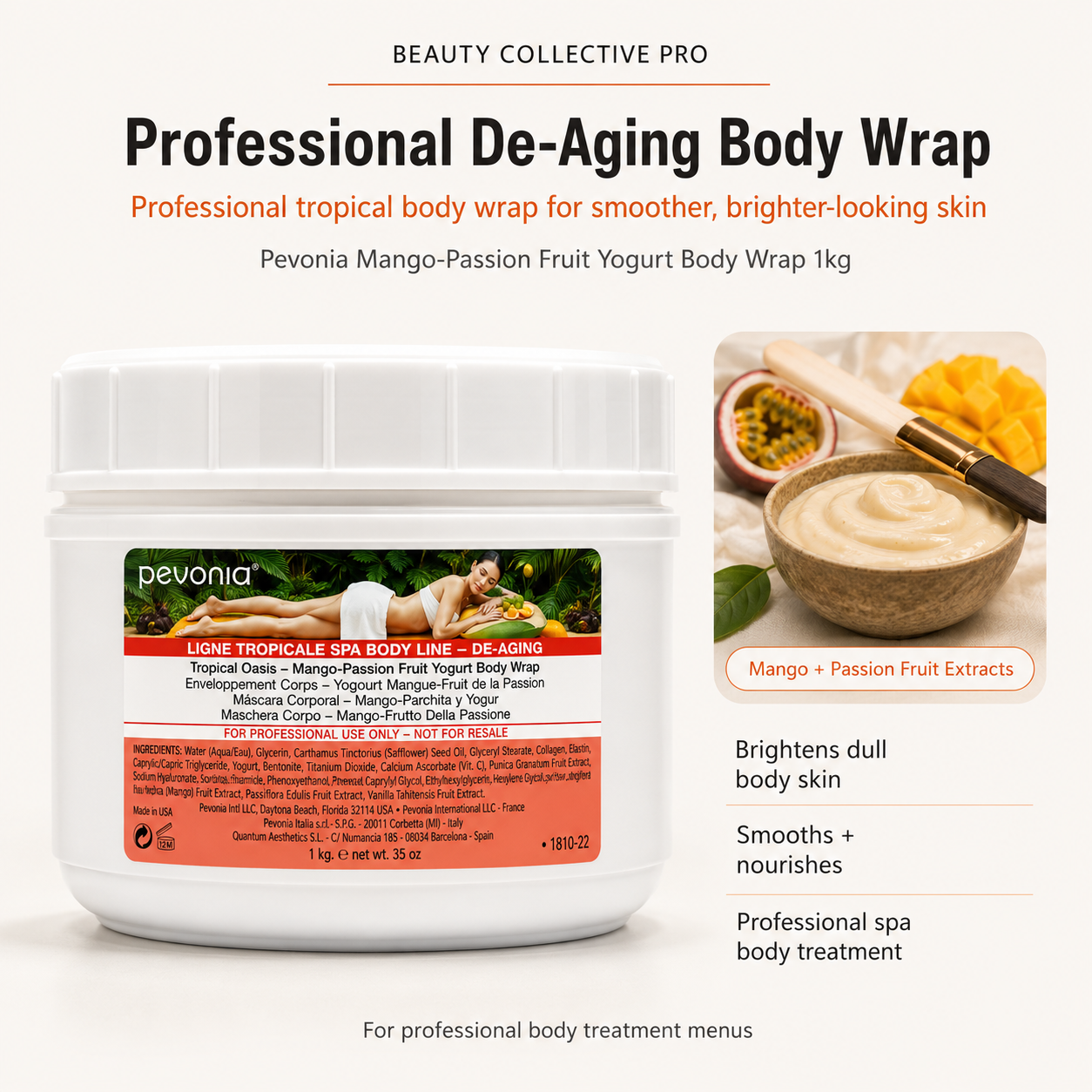 Therapist applying Pevonia Mango-Passion Fruit Yogurt Body Wrap during a professional spa body treatment with product displayed beside the treatment bed