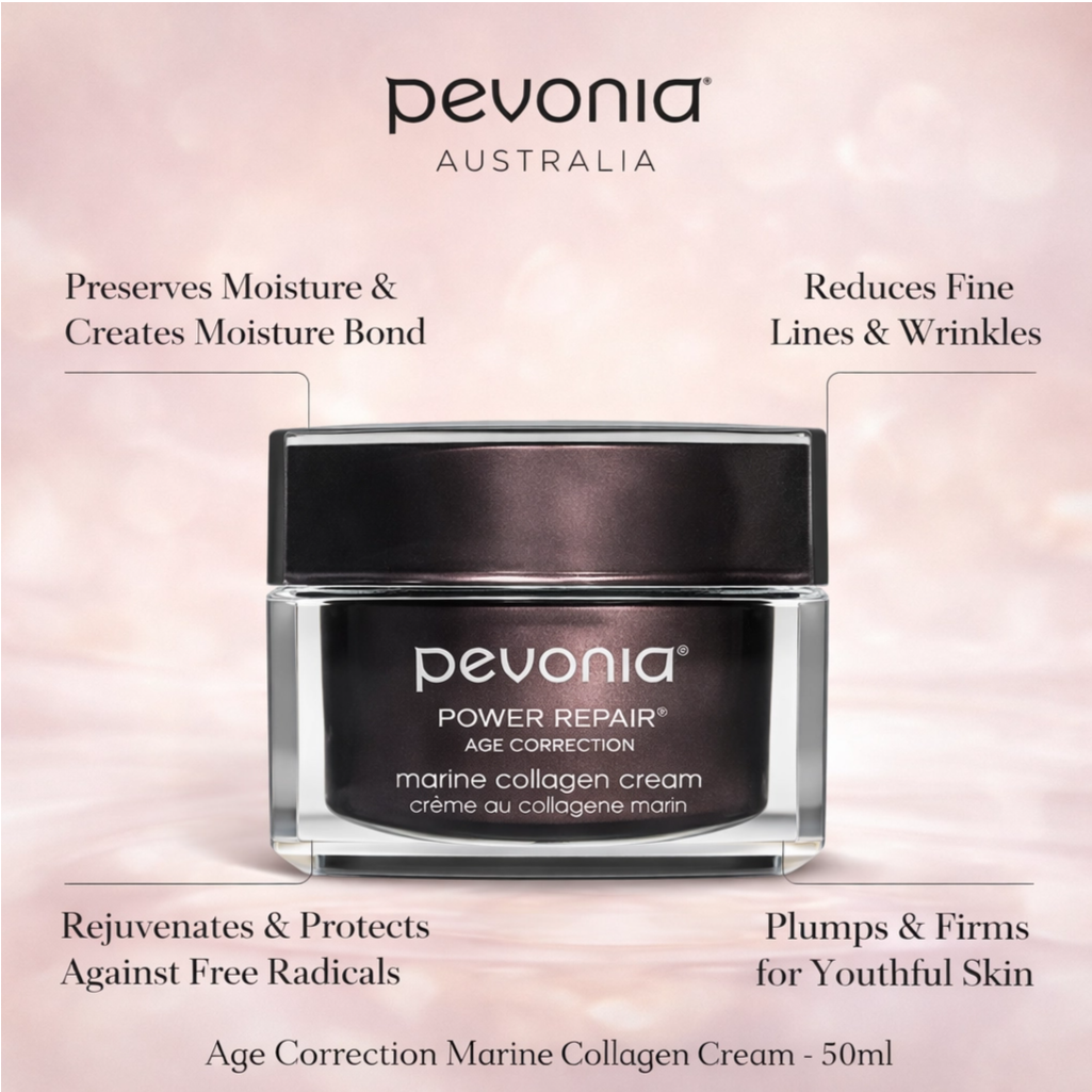 Pevonia Marine Collagen Cream product image highlighting key benefits including hydration, wrinkle reduction, firming and antioxidant protection on soft pink background with Pevonia Australia branding