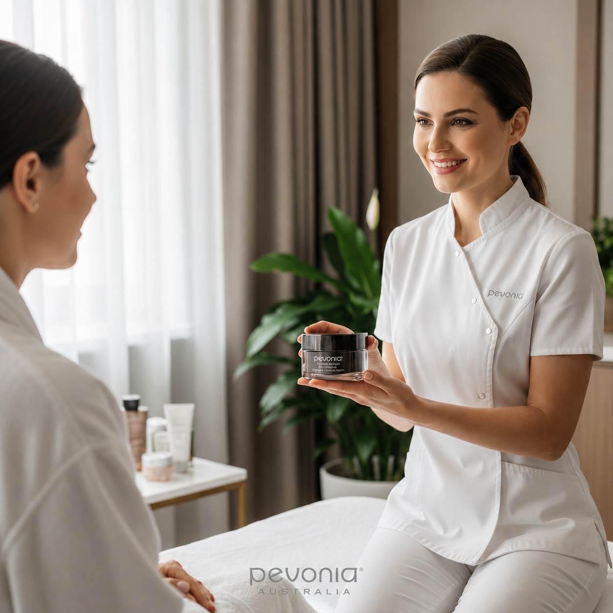 Beauty therapist presenting Pevonia Marine Collagen Cream to client during professional skincare consultation in a calm clinic setting with subtle Pevonia Australia watermark at bottom centre
