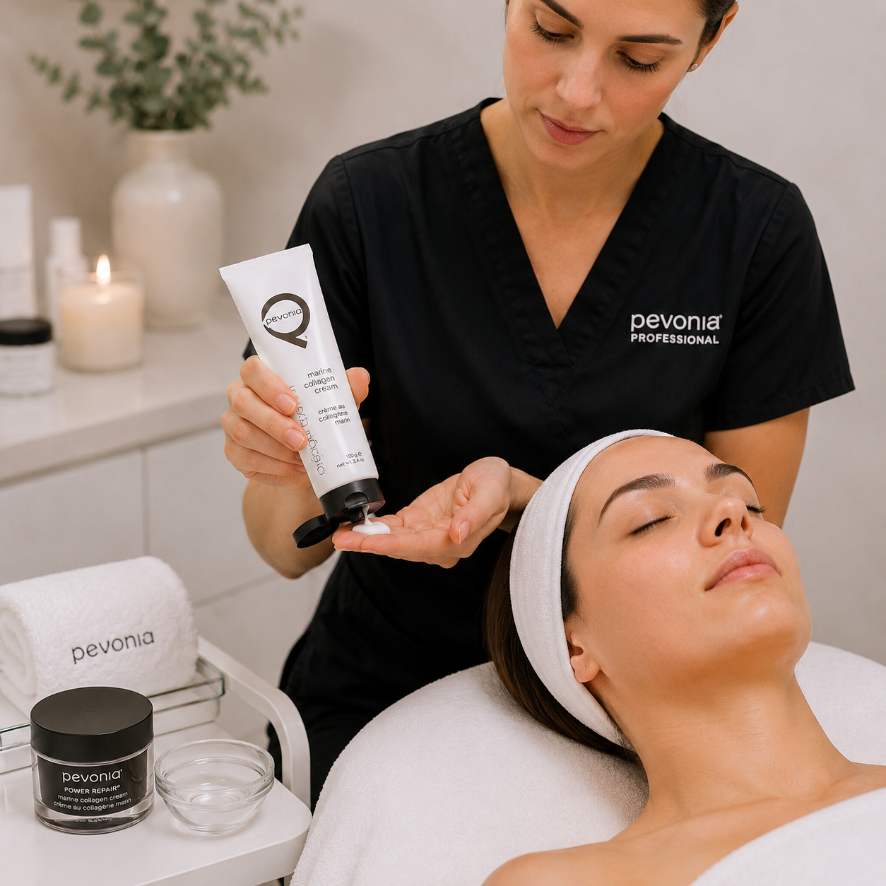 Therapist dispensing Pevonia Marine Collagen Cream professional tube before applying it during a facial treatment in a spa room.