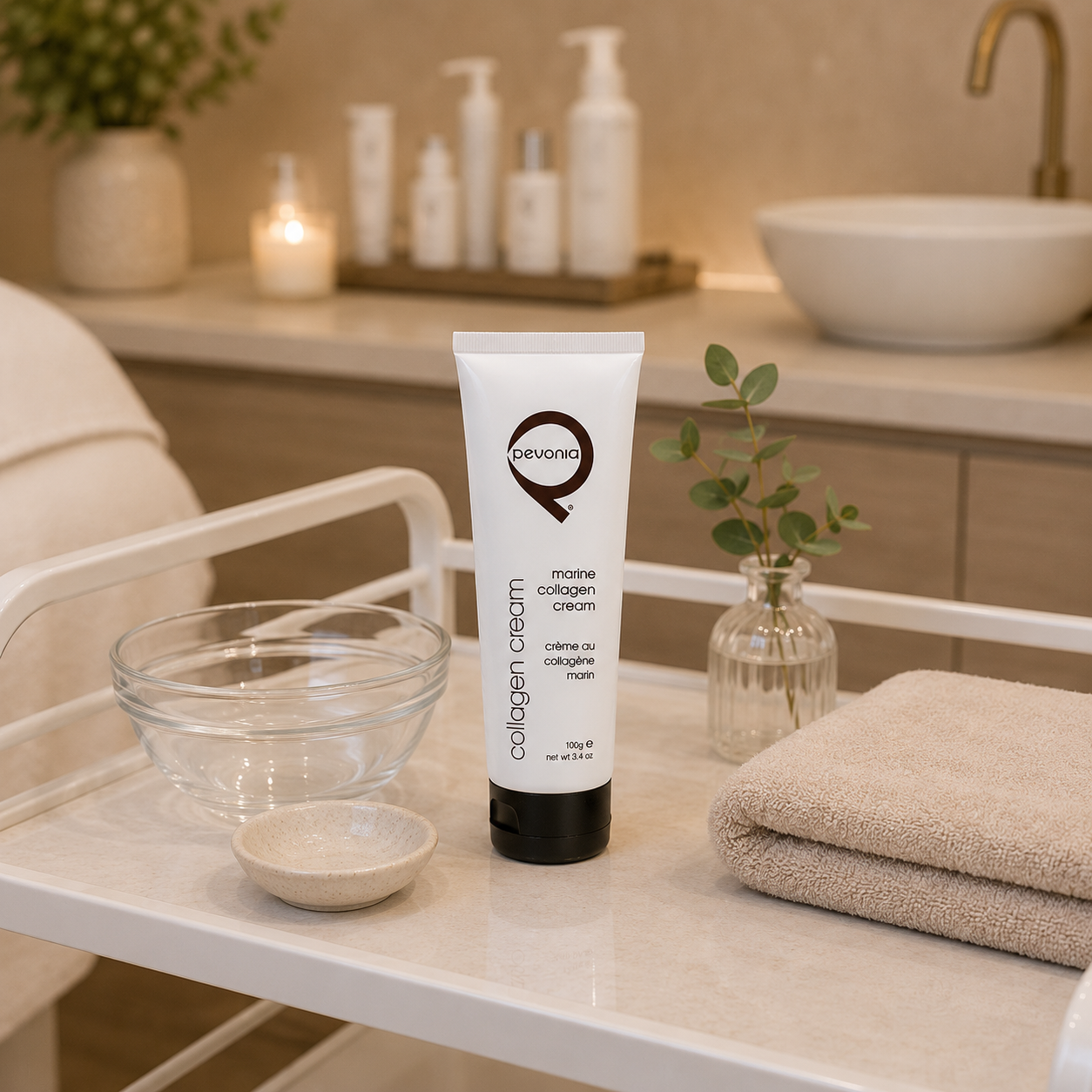 Pevonia Marine Collagen Cream displayed on a spa treatment trolley in a luxury professional facial treatment