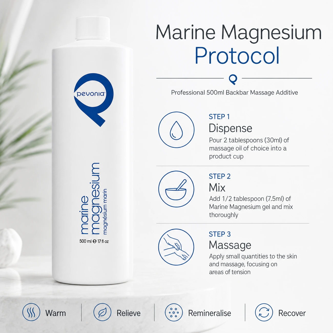 Pevonia Marine Magnesium 500ml clinic-use education image detailing the professional 3-step Dispense, Mix, and Massage therapeutic backbar protocol.