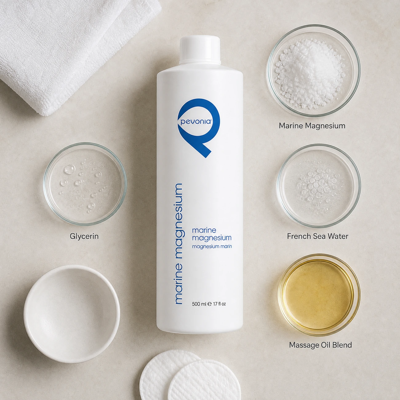 Pevonia Marine Magnesium 500ml ingredients flatlay with marine magnesium crystals, French seawater, glycerin, and massage oil blend in clean glass petri dishes for professional B2B education.