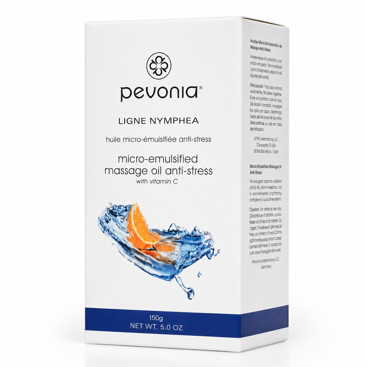 Pevonia Micro-Emulsified Massage Oil Anti-Stress 150g retail box on a clean white studio background.