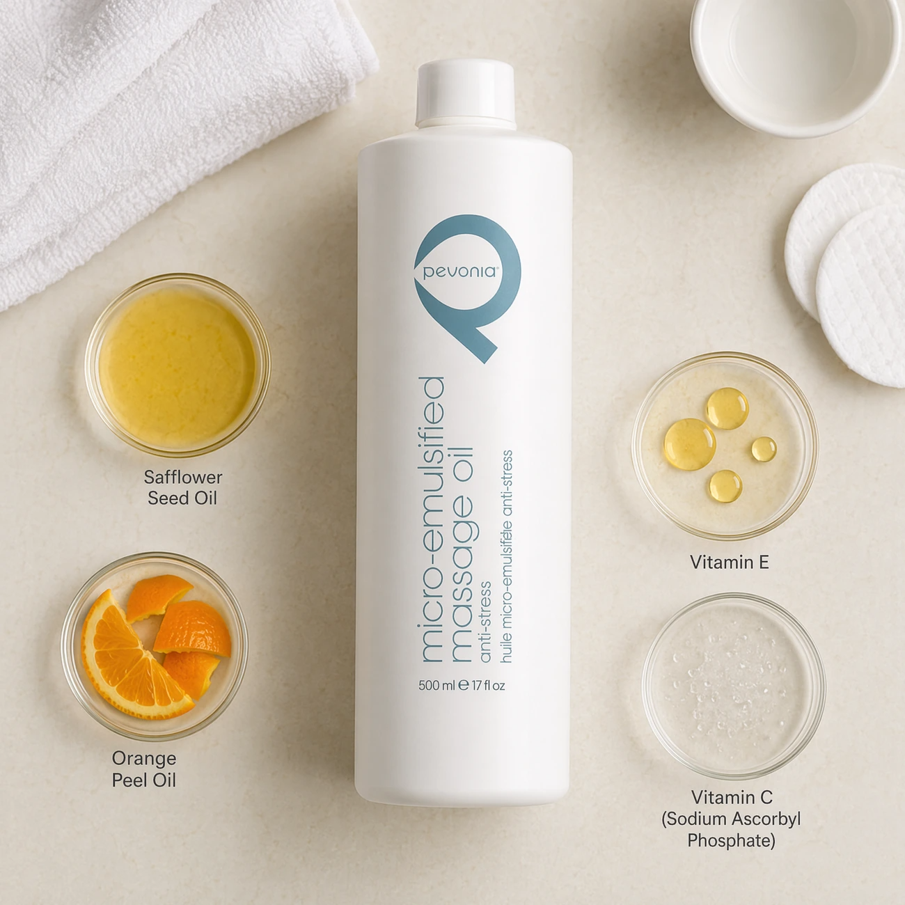 Pevonia Micro-Emulsified Massage Oil Anti-Stress 500ml ingredients flatlay with safflower seed oil, orange peel oil, Vitamin E, and Vitamin C in clean glass petri dishes for professional B2B education.
