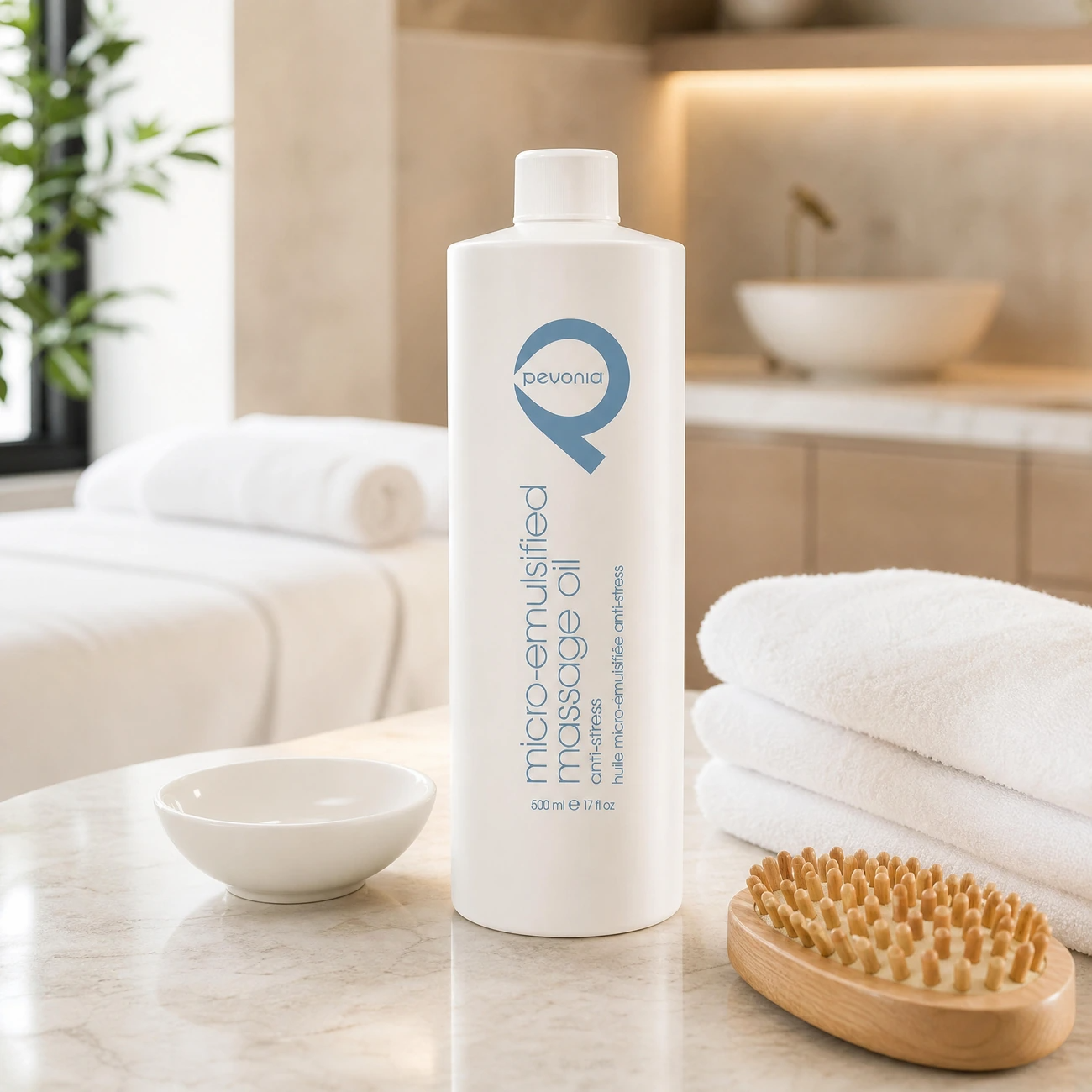 Pevonia Micro-Emulsified Massage Oil Anti-Stress 500ml professional bottle styled in a serene clinical spa massage treatment room for Beauty Collective Pro.