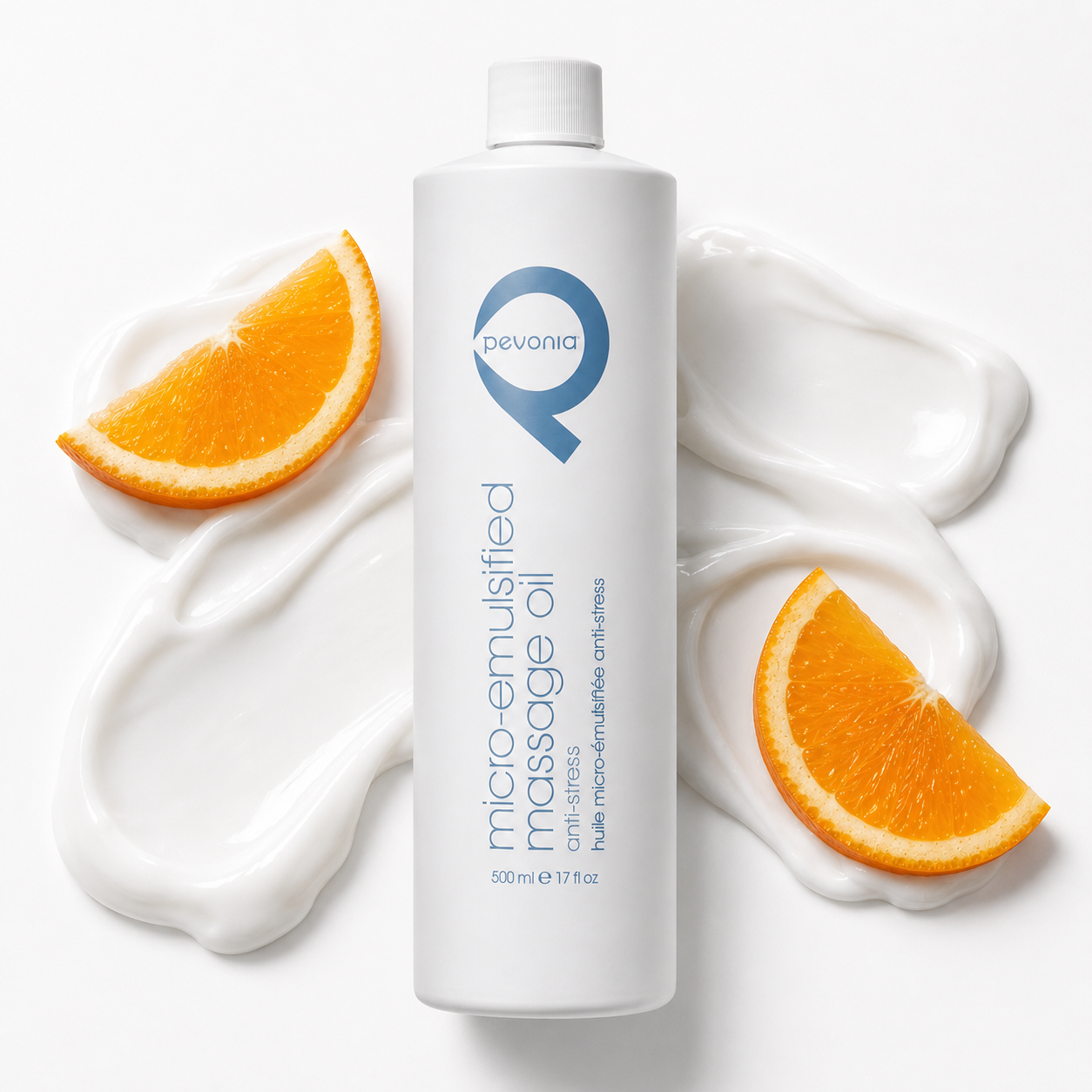 Pevonia Micro-Emulsified Massage Oil Anti-Stress 500ml with glossy emulsified texture and fresh orange slices.