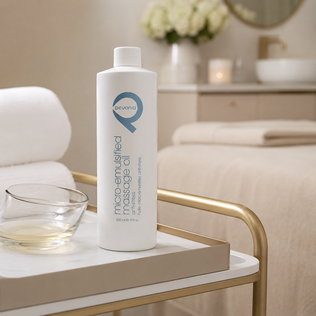 Pevonia Micro-Emulsified Massage Oil Anti-Stress 500ml bottle displayed on a therapist trolley in an upmarket day spa treatment room with unbranded massage treatment accessories.