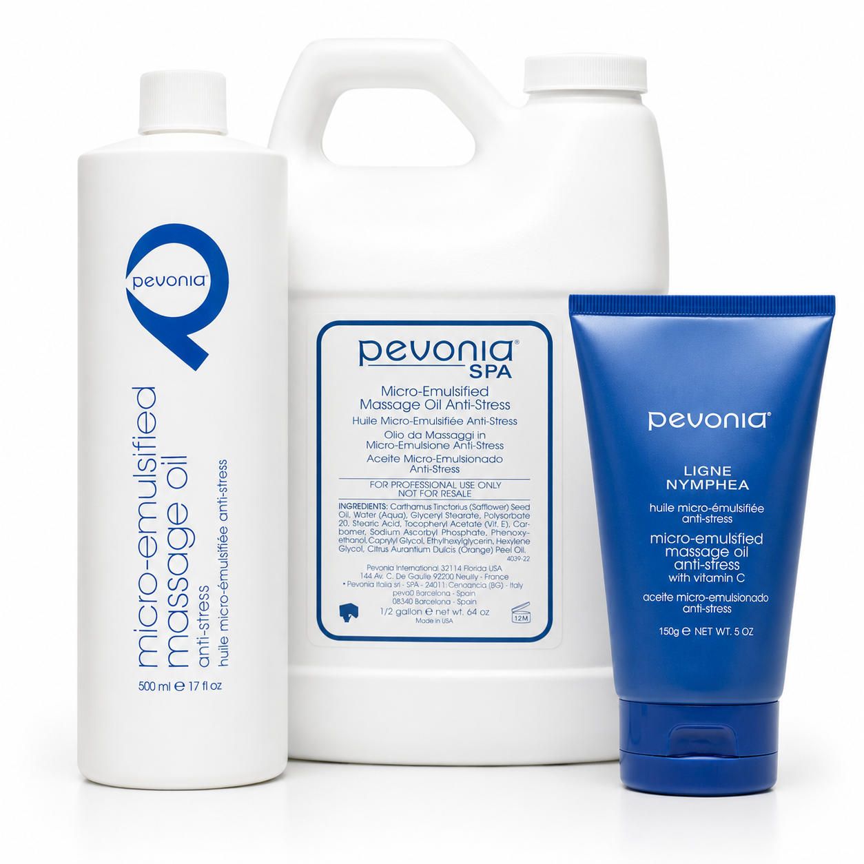 Pevonia Micro-Emulsified Massage Oil Anti-Stress professional and retail sizes on a clean white studio background.