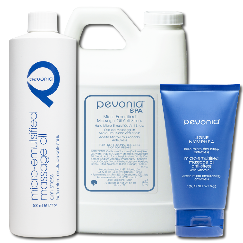 Pevonia Micro-Emulsified Massage Oil Anti-Stress retail and professional variant image for relaxing massage treatments, helping relieve stress, ease tension and deeply nourish dry skin.