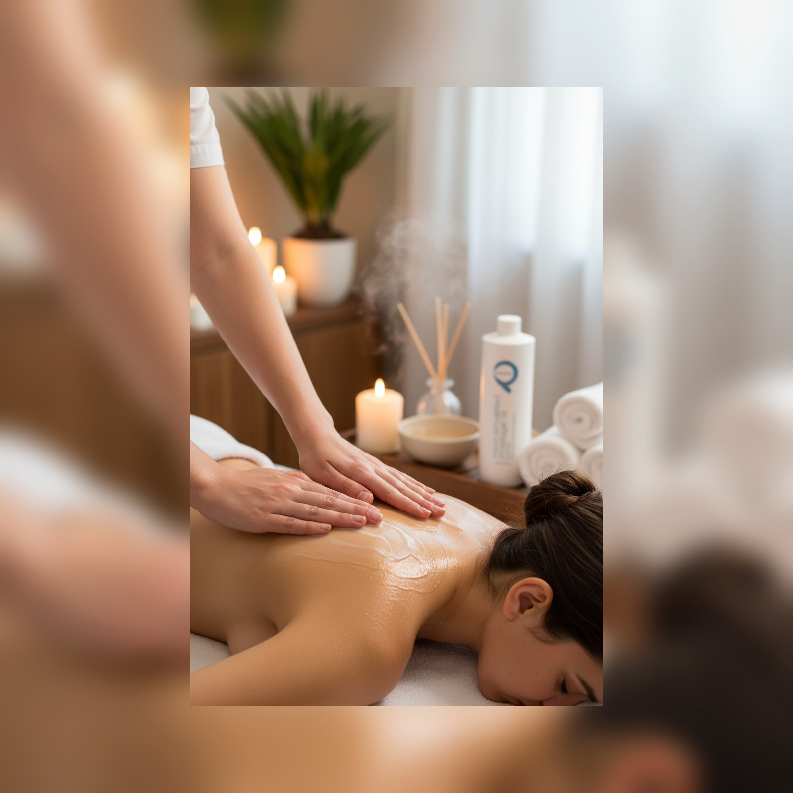 pevonia micro-emulsion massage  oil used by therapist on the back of client to massage