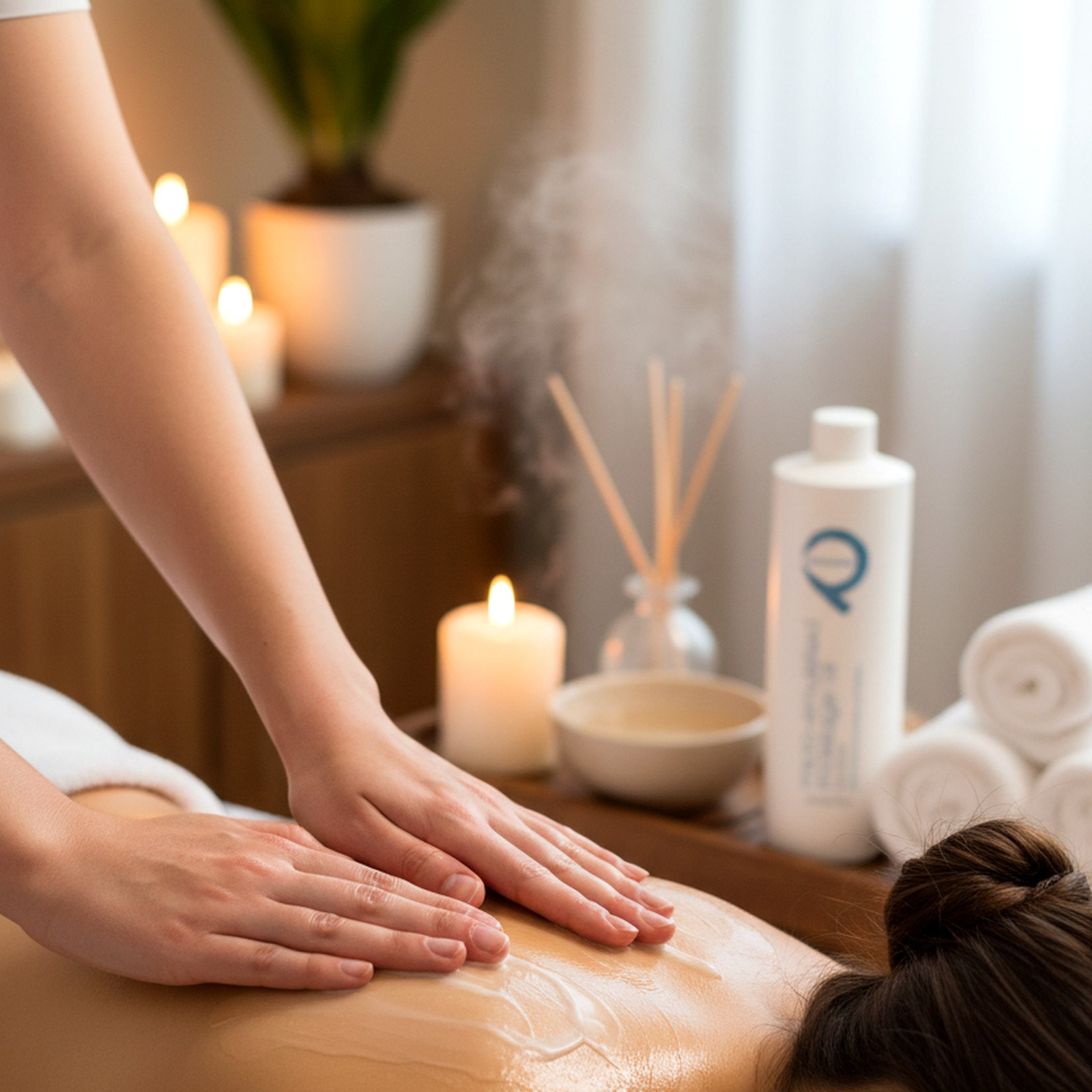 Person receiving a massage with candles and towels in the background