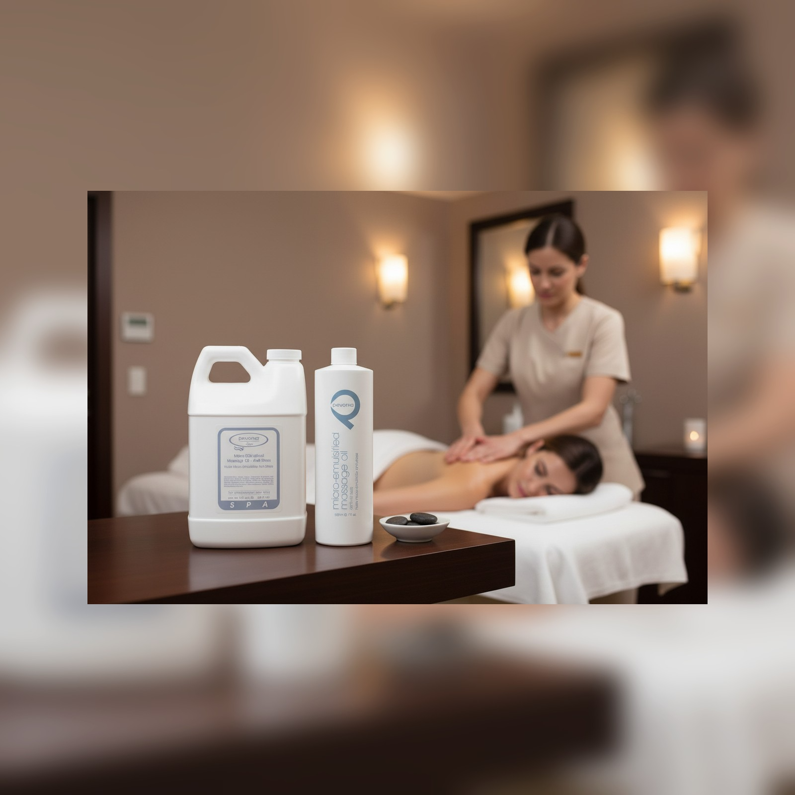 pevonia micro-emulsion massage  oil two bottles professional Sizes 3.6L and 500ml on table in Spa Setting with therapist massage in progress in the background
