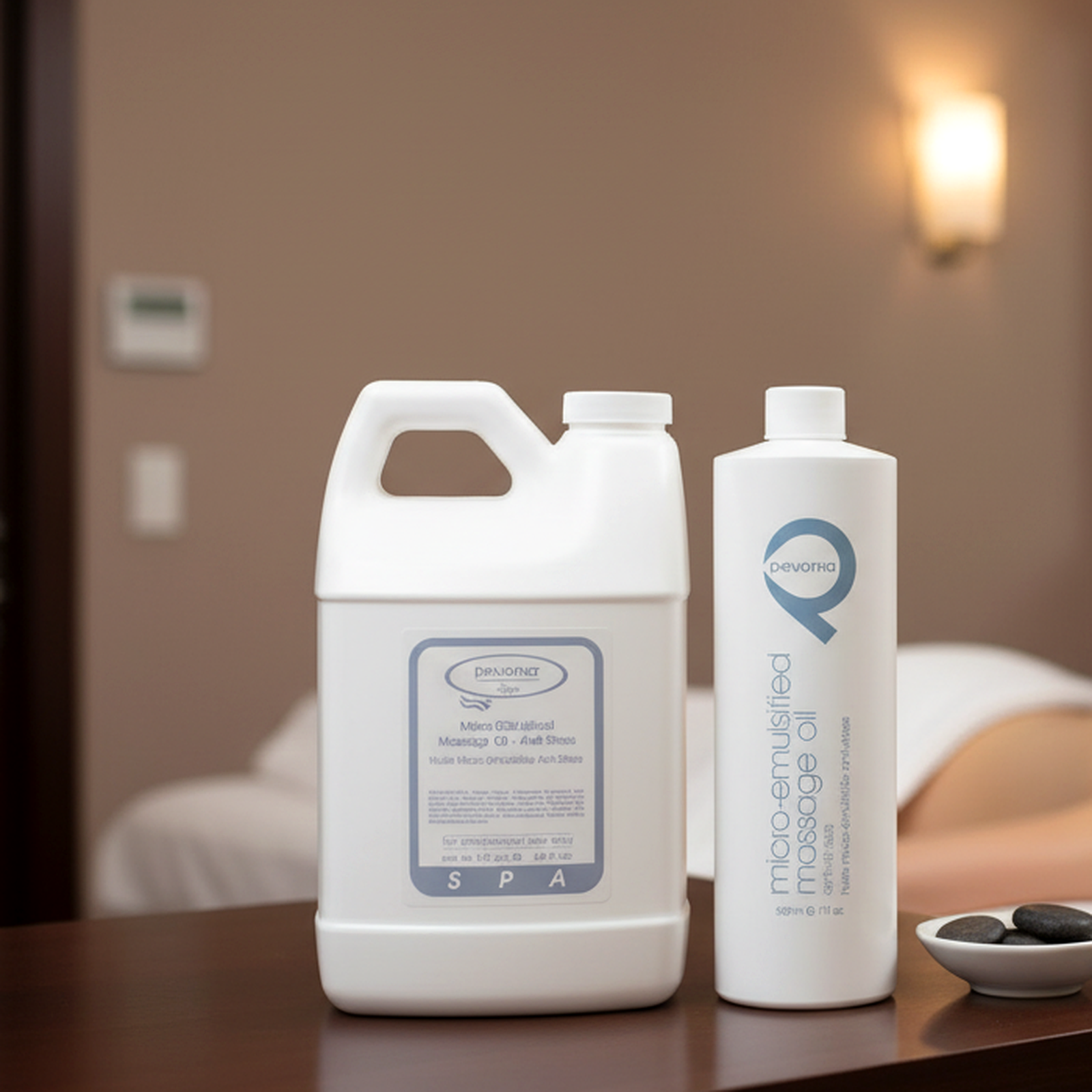  pevonia micro-emulsion massage  oil two bottles professional Sizes 3.6L and 500ml on table in Spa Setting with therapist massage in progress in the background