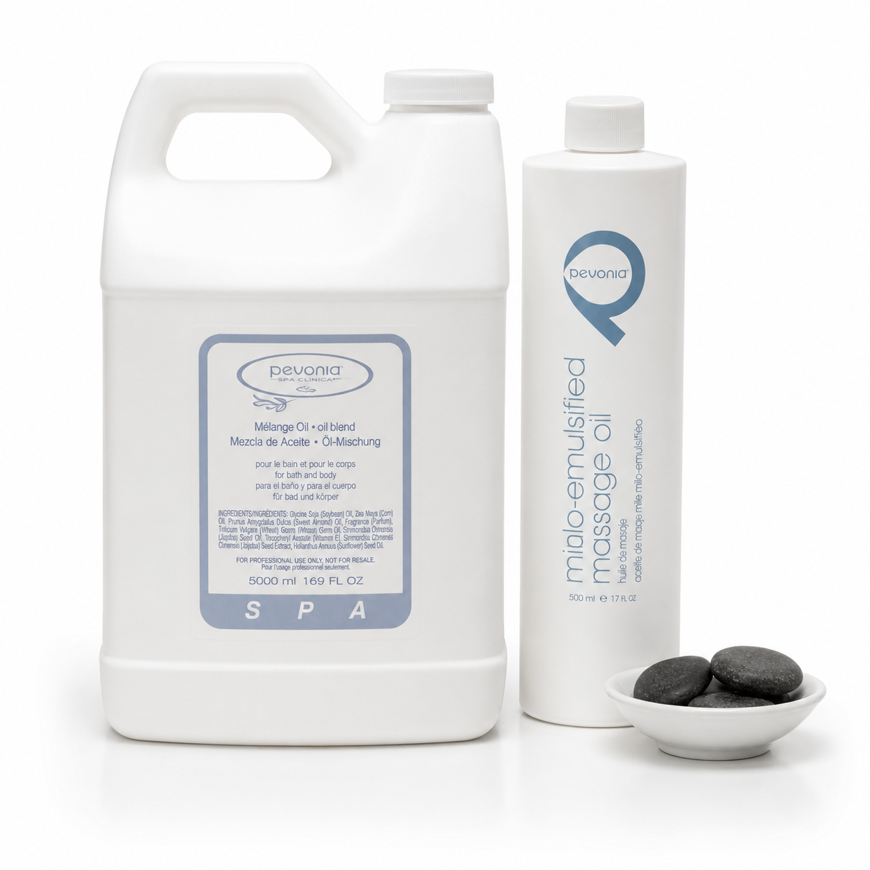 Pevonia Micro-Emulsified Massage Oil professional sizes with spa stones on a clean white studio background.