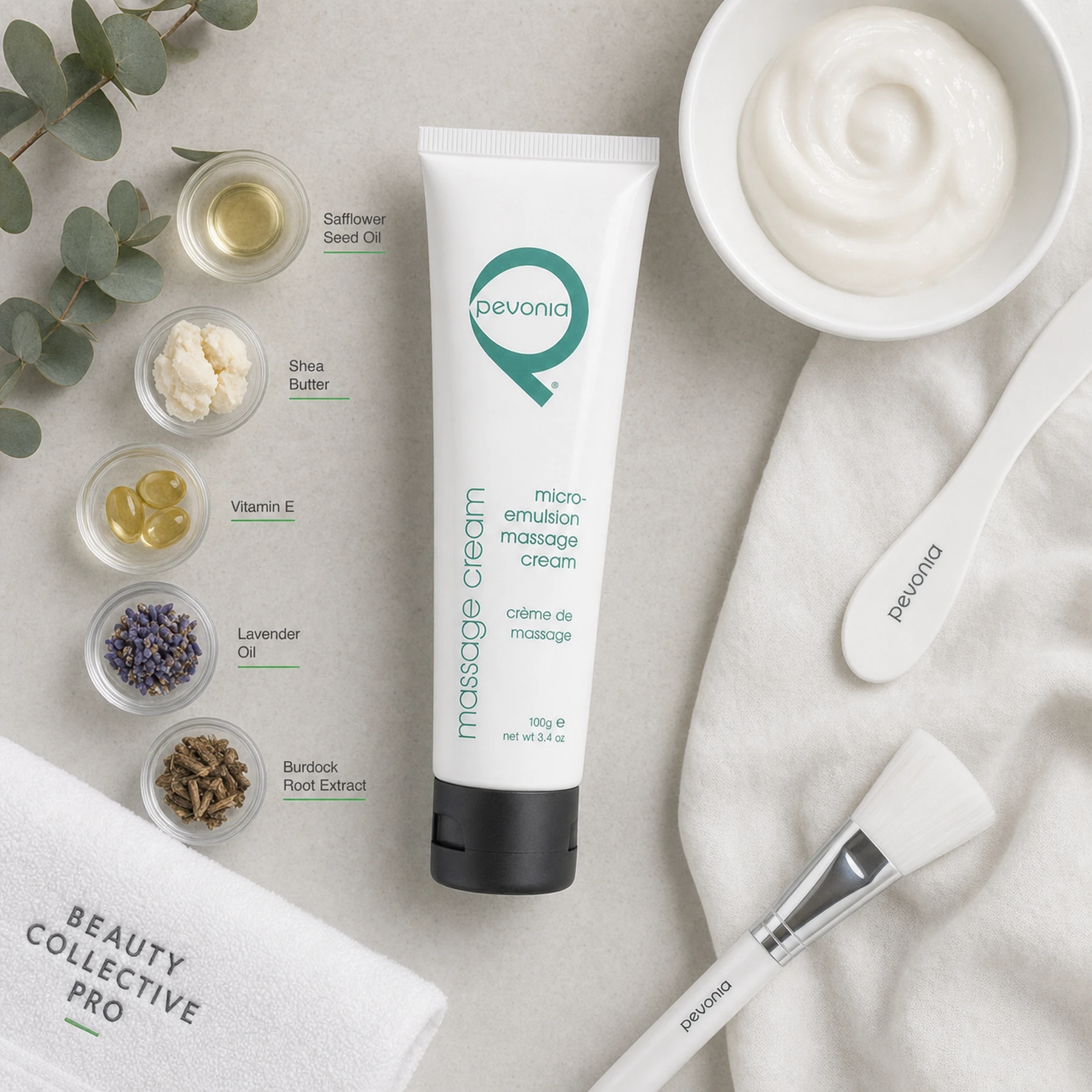 Pevonia Micro-Emulsion Massage Cream 100ml treatment-support flatlay with professional massage tools and key ingredient references.