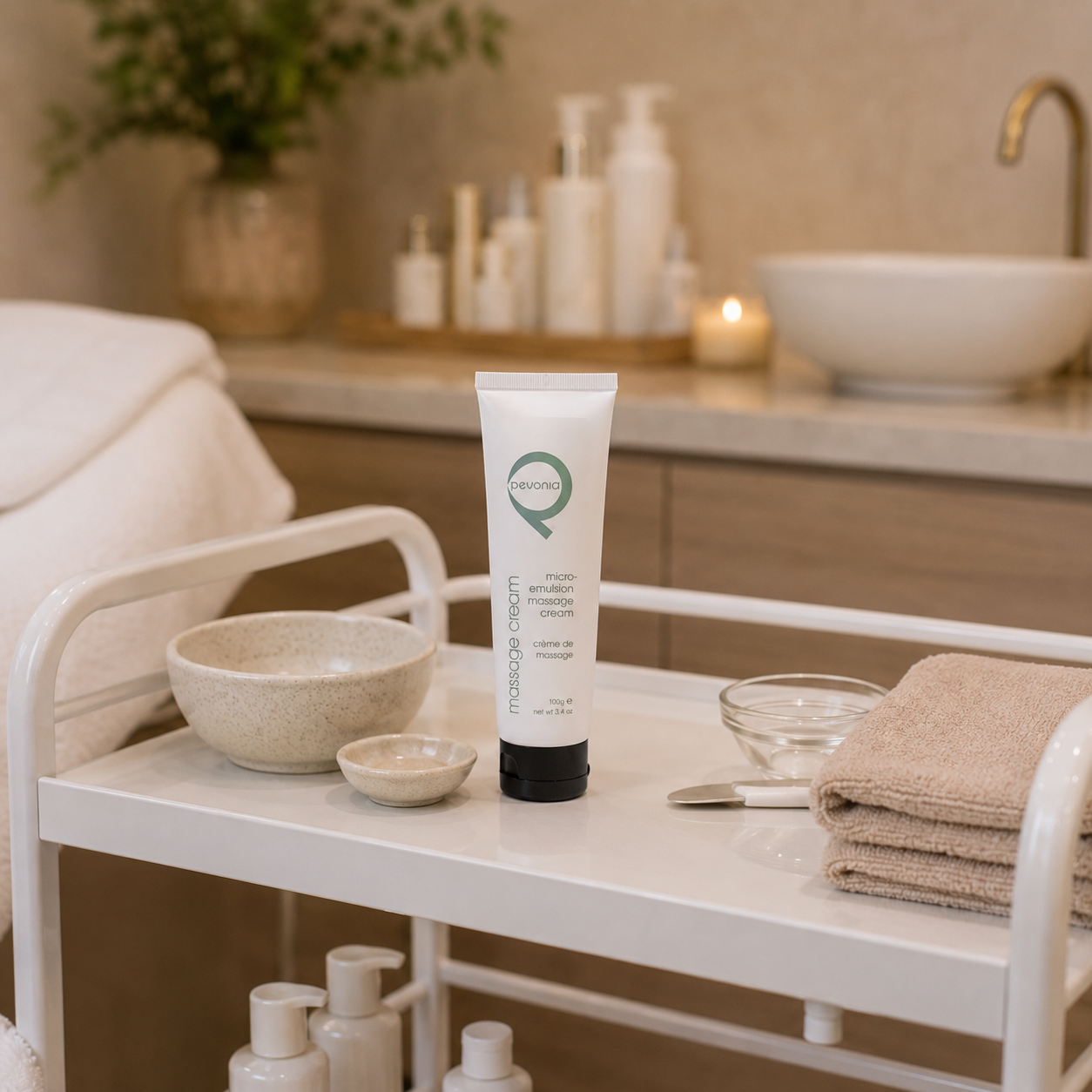 Pevonia Micro-Emulsion Massage Cream displayed on a spa treatment trolley in a luxury professional facial treatment room.
