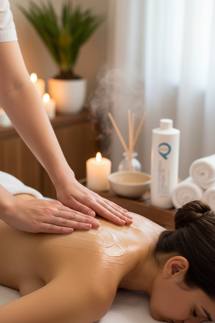 pevonia micro-emulsion massage  oil used by therapist on the back of client to massage