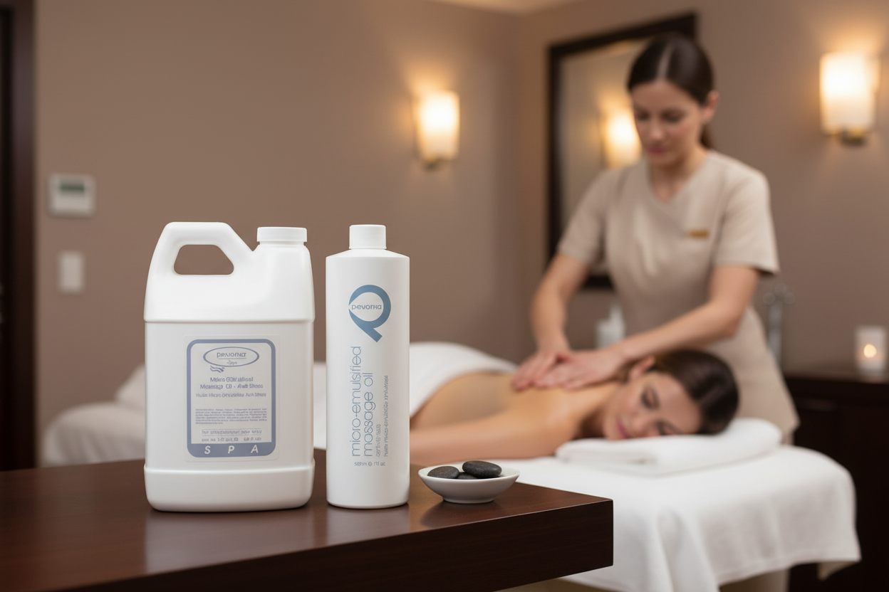  pevonia micro-emulsion massage  oil two bottles professional Sizes 3.6L and 500ml on table in Spa Setting with therapist massage in progress in the background