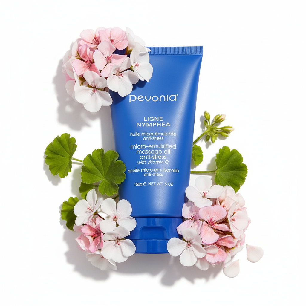  pevonia micro-emulsion massage  oil blue tube flat lay with ingredients showing on white background