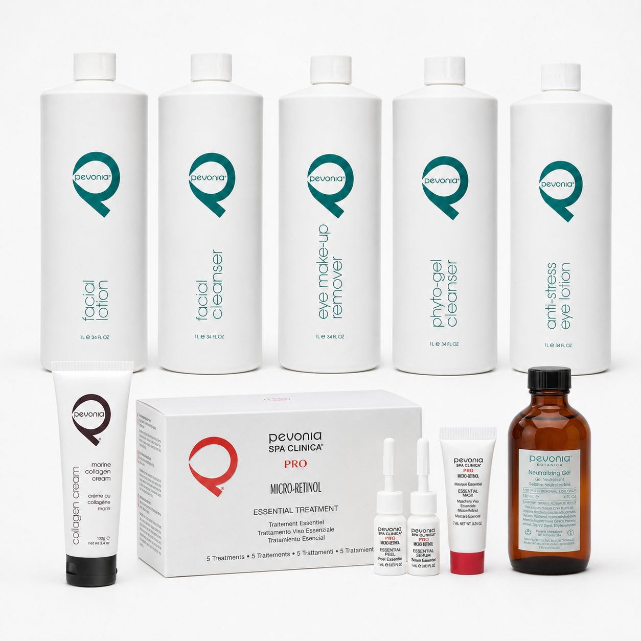 Pevonia professional products used in the Micro-Retinol Essential Peel Treatment including Facial Lotion, Facial Cleanser, Eye Make-Up Remover, Phyto-Gel Cleanser, Anti-Stress Eye Lotion, Marine Collagen Cream, Micro-Retinol Essential Treatment and Neutralizing Gel