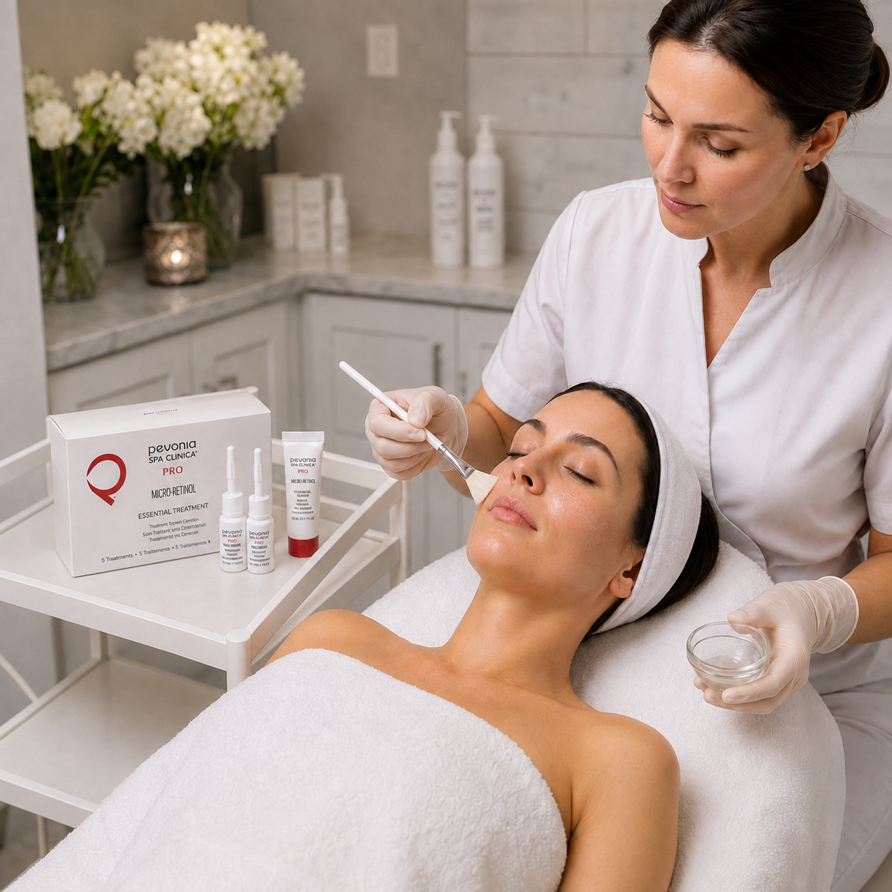 Pevonia Micro-Retinol Essential Peel Treatment applied by a therapist during a professional treatment