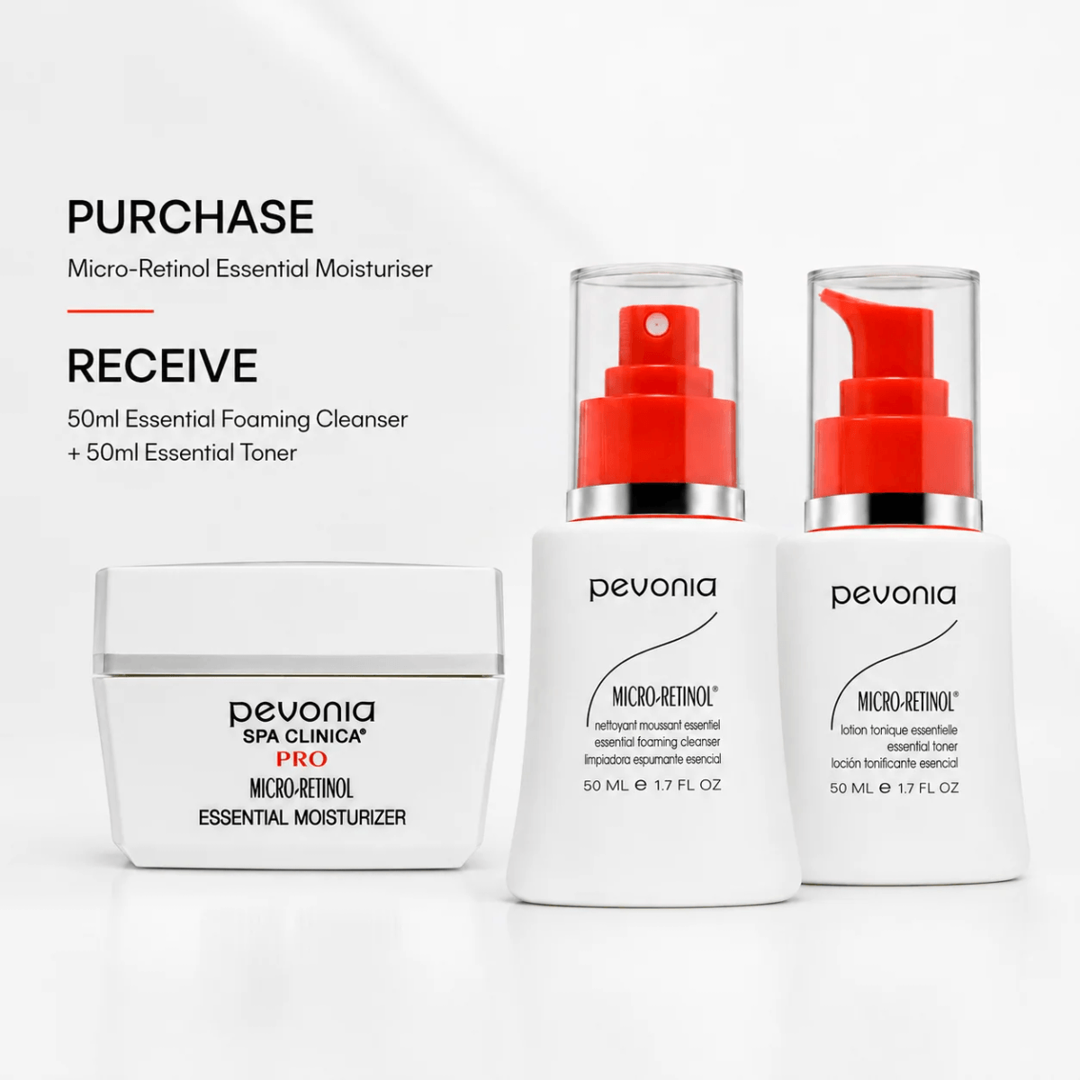 Pevonia skincare set featuring a white jar of Micro-Retinol Essential Moisturizer alongside two white bottles with red pumps: a Micro-Retinol Essential Foaming Cleanser and a Micro-Retinol Essential Toner. Text on the left reads 'PURCHASE Micro-Retinol Essential Moisturiser RECEIVE 50ml Essential Foaming Cleanser + 50ml Essential Toner'.