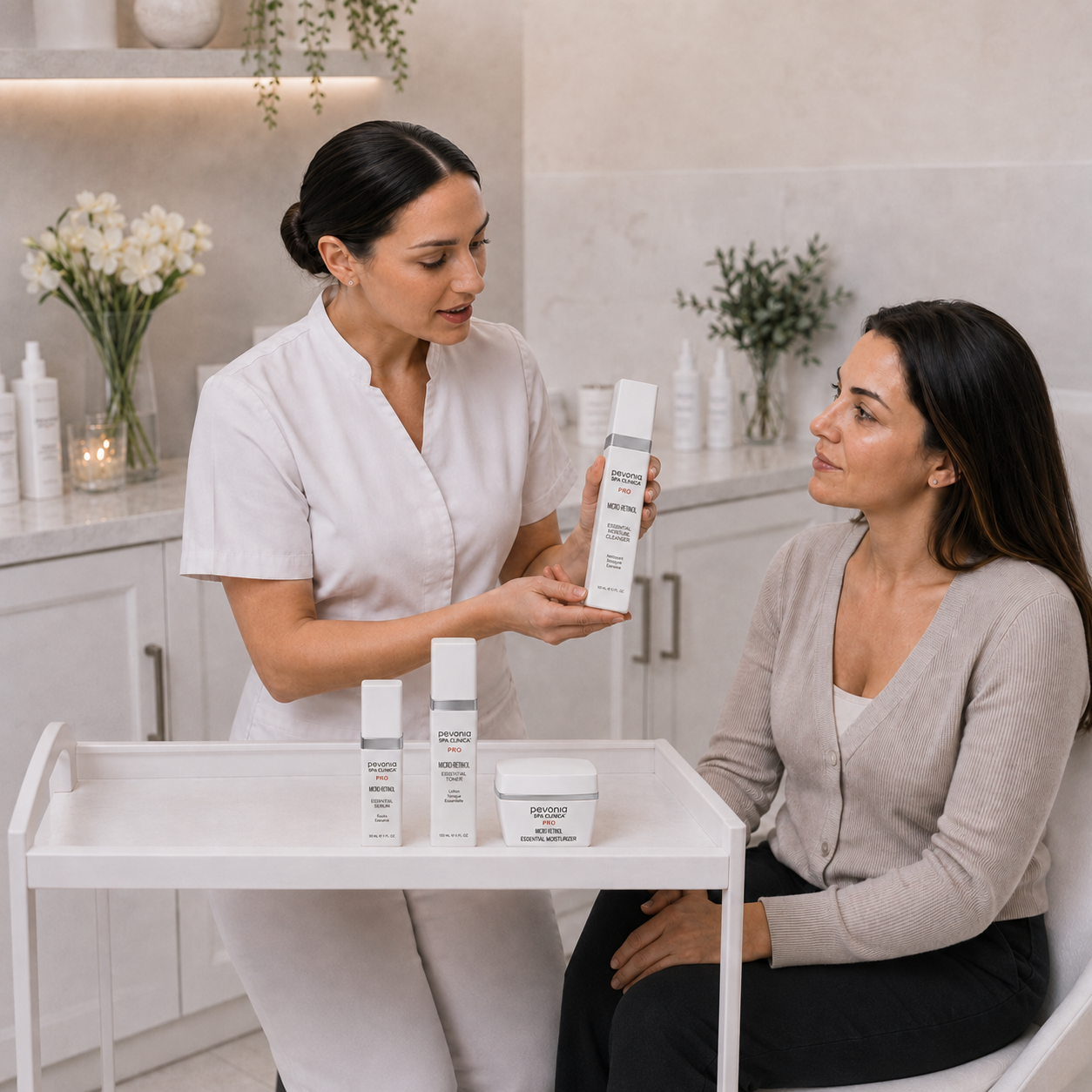 Pevonia Micro-Retinol Essential skincare range presented by a therapist during a professional skin consultation