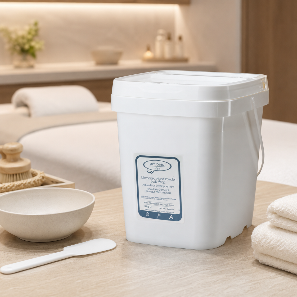 Pevonia Micronized Algae Powder Body Wrap 5kg tub displayed in an upmarket day spa body treatment room with unbranded body wrap treatment accessories.
