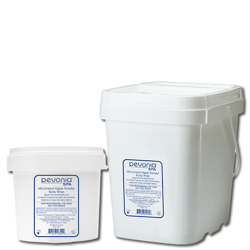 Pevonia Micronized Algae Powder Body Wrap professional size 1kg and 5kg duo image for detoxifying spa body treatments that help stimulate metabolism, eliminate toxins, smooth cellulite, and support body contouring. No background