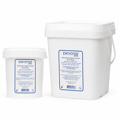 Pevonia Micronized Algae Powder Body Wrap professional size 1kg and 5kg duo image for detoxifying spa body treatments that help stimulate metabolism, eliminate toxins, smooth cellulite, and support body contouring.