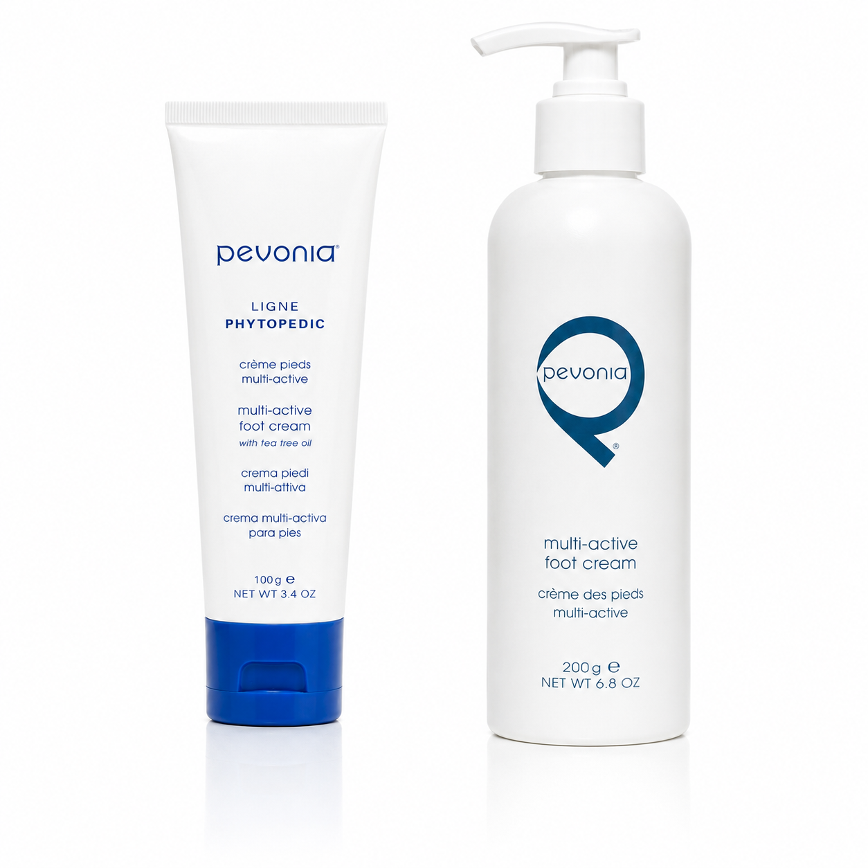Pevonia Multi-Active Foot Cream 100g retail tube and 200g professional bottle duo for soft hydrated feet