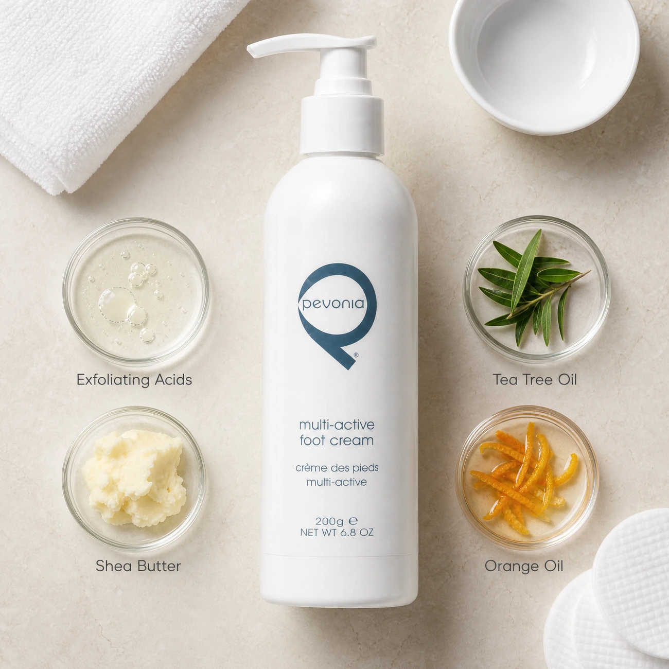 Pevonia Multi-Active Foot Cream 200g ingredients flatlay with exfoliating acids, shea butter, tea tree oil, and orange oil in clean glass petri dishes for professional B2B education.