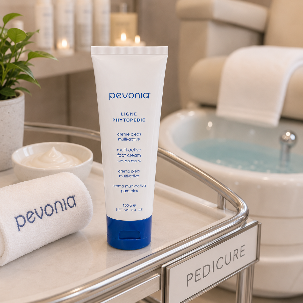Pevonia Multi-Active Foot Cream 100g displayed in a luxury pedicure treatment setting for professional foot care.