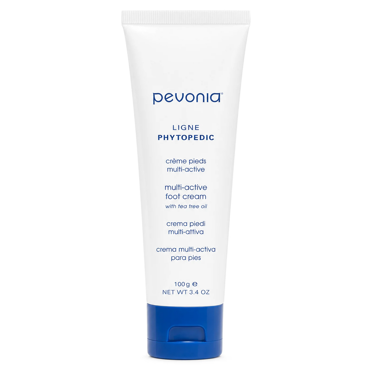 Pevonia Multi-Active Foot Cream 100g with tea tree oil for dry feet on a clean white background.
